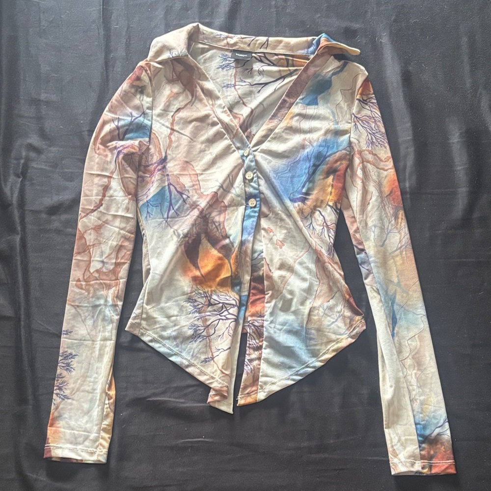 Abstract Print Mesh Button-Up Women's Top